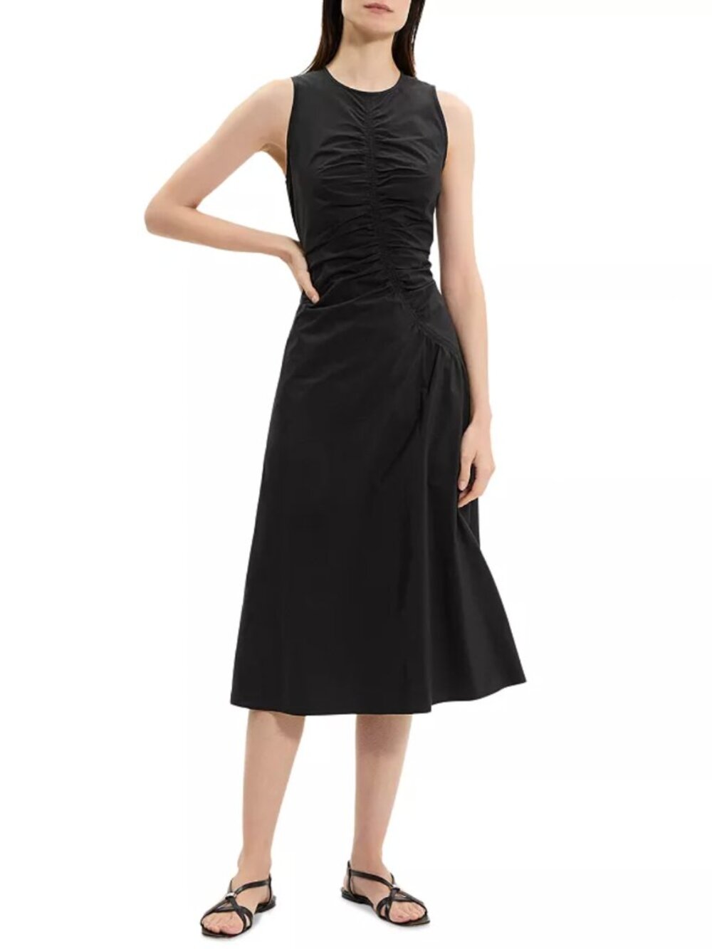 Theory Black Ruched Sleeveless Midi Dress